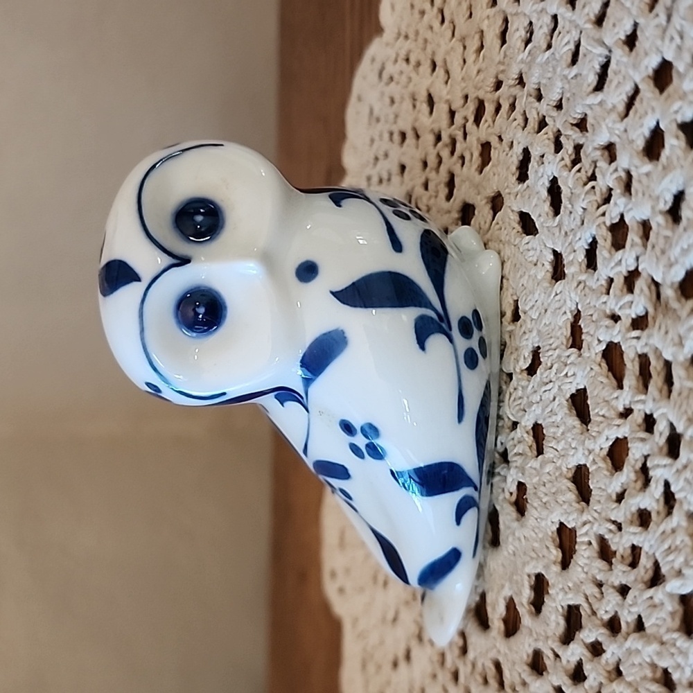 Porcelain Owl Figurine Blue and White